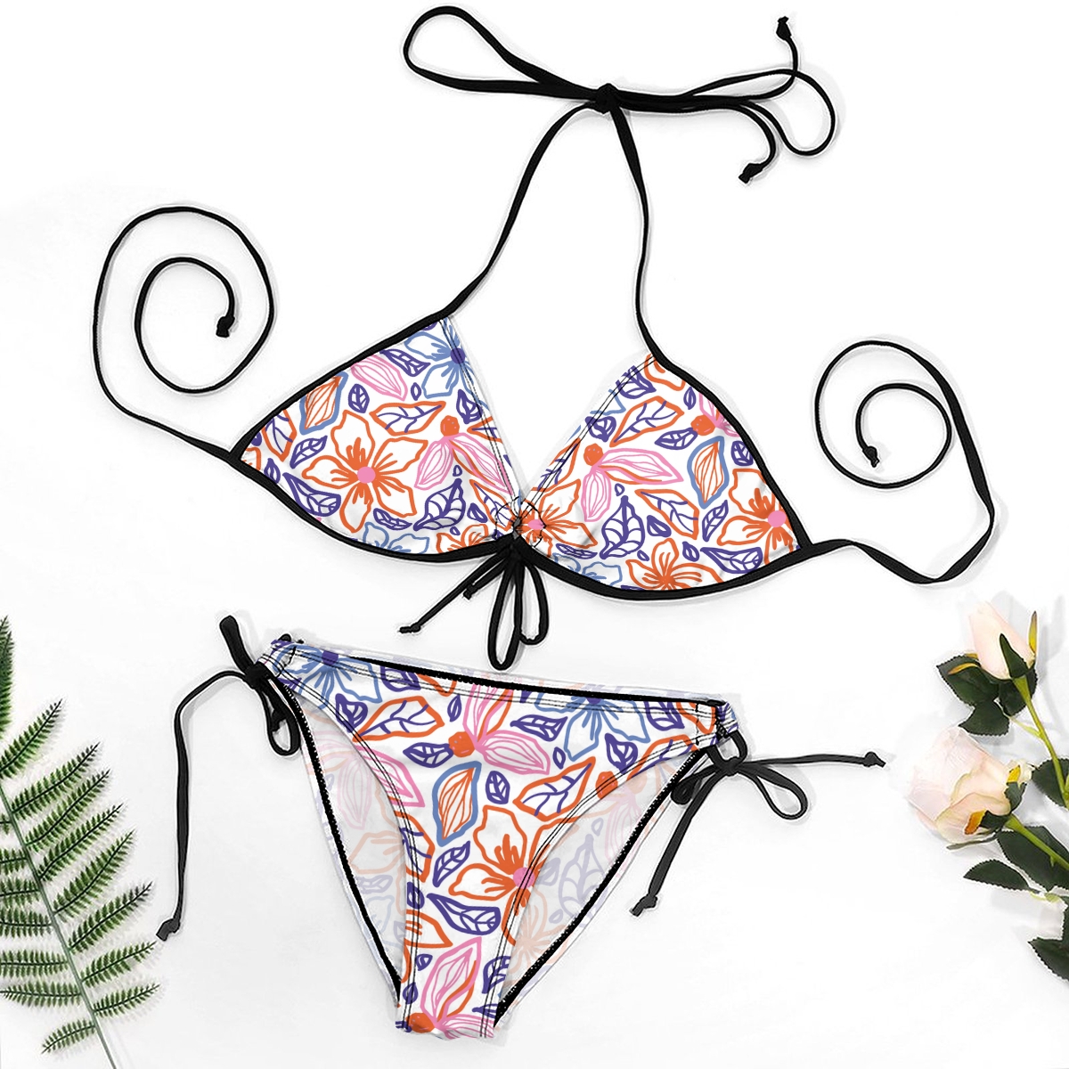 Colorful Flower Print Bikini with Metal Ring Detail and Black Tie Straps
