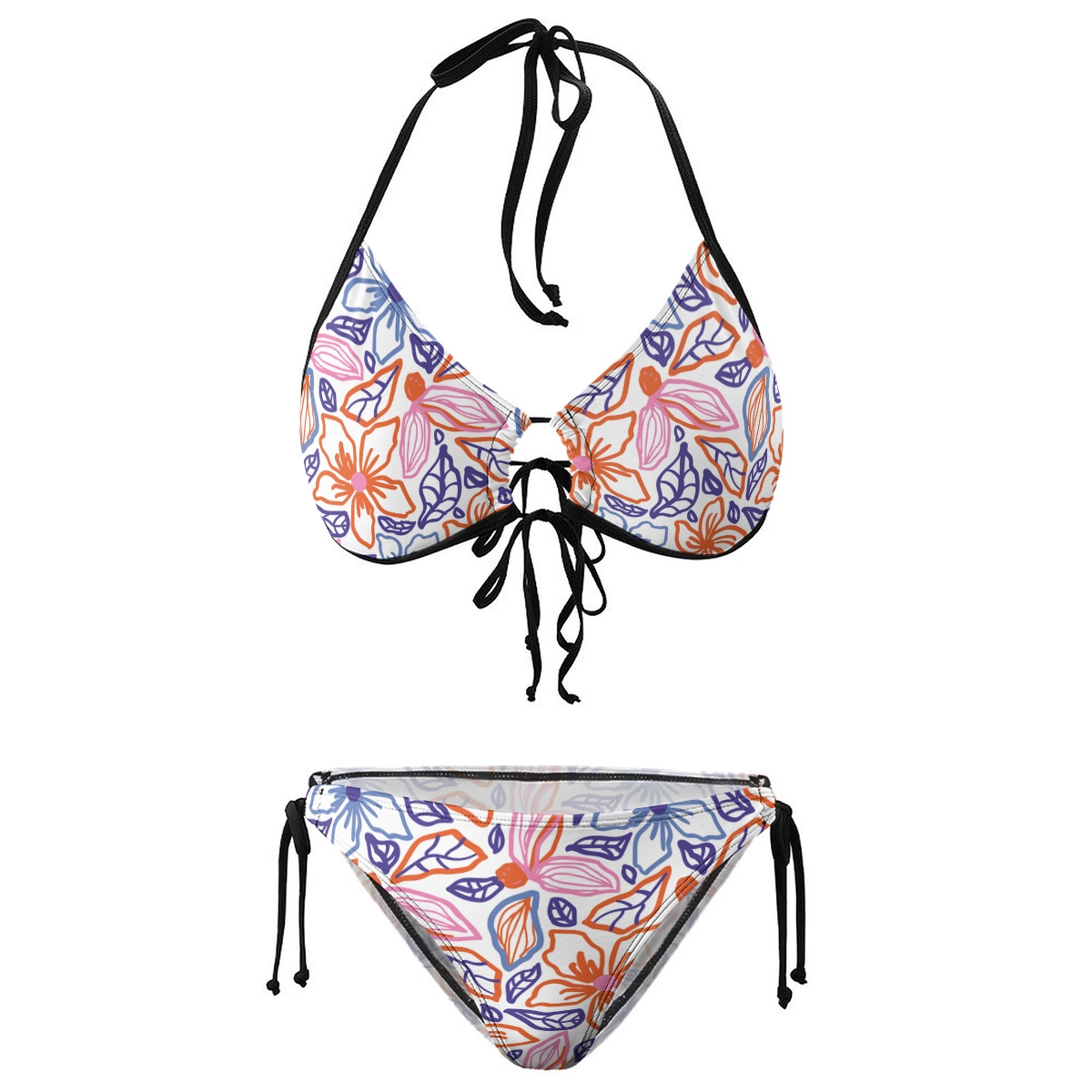 Colorful Flower Print Bikini with Metal Ring Detail and Black Tie Straps