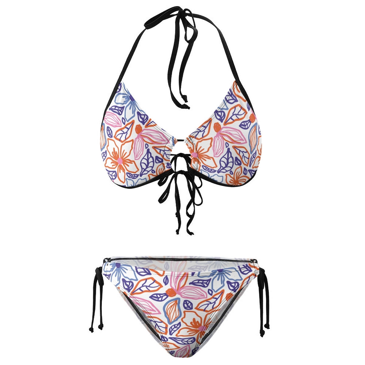 Colorful Flower Print Bikini with Metal Ring Detail and Black Tie Straps