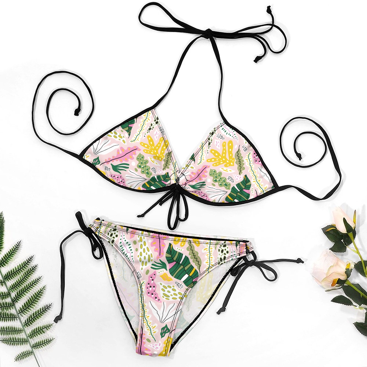 Two-Piece Swimsuit with Botanical Print, Bow Detail and Side Tie Bottoms