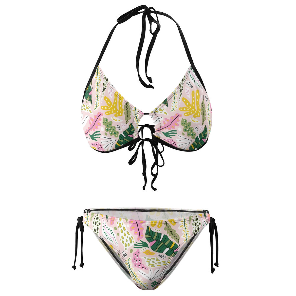 Two-Piece Swimsuit with Botanical Print, Bow Detail and Side Tie Bottoms