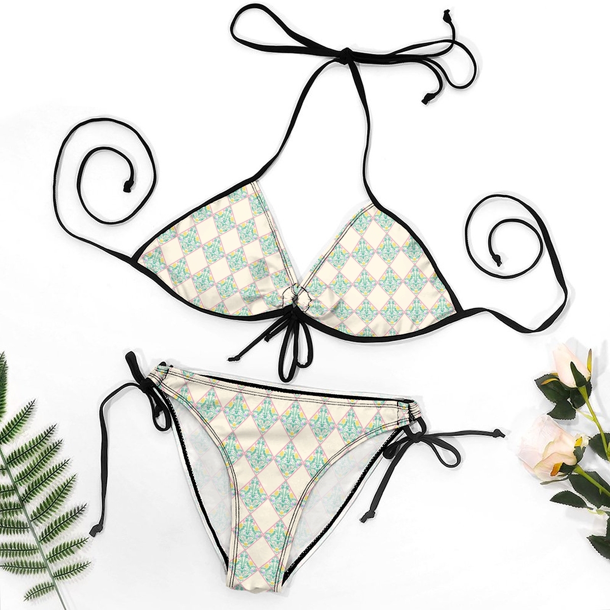 Women’s Geometric Bikini Set with Diamond Print and Halter Keyhole Top