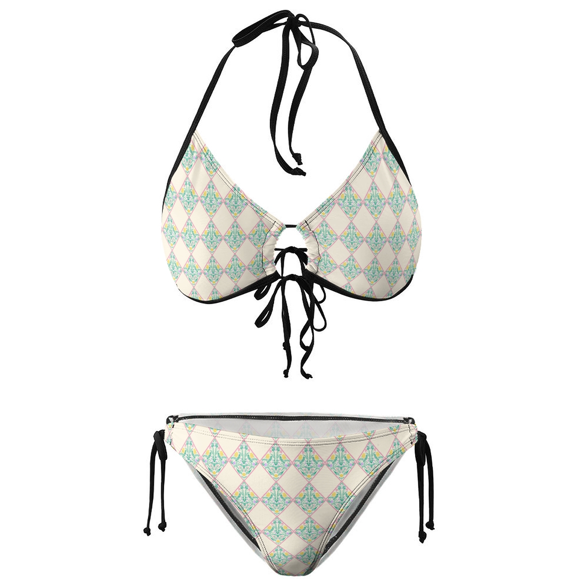Women’s Geometric Bikini Set with Diamond Print and Halter Keyhole Top