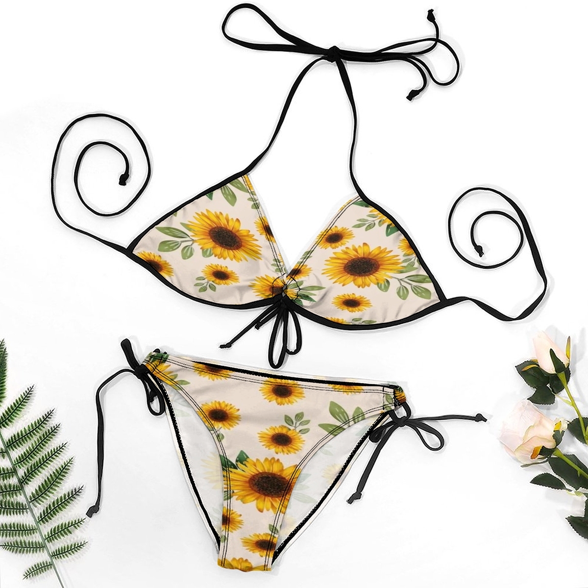 Women’s Sunflower Print Bikini Set with Halter Top and Side Tie Bottoms