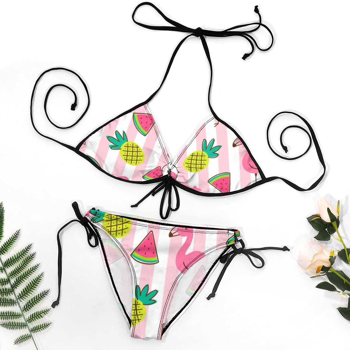 Playful Two-Piece Swimsuit with Tropical Graphics and Adjustable Tie Closures