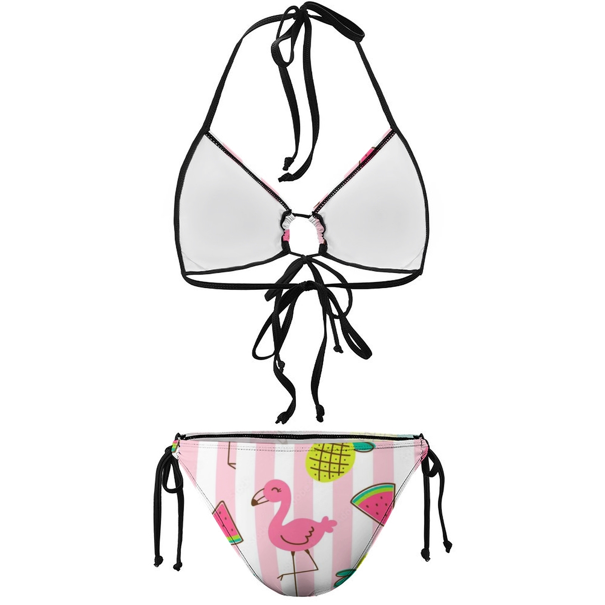 Playful Two-Piece Swimsuit with Tropical Graphics and Adjustable Tie Closures