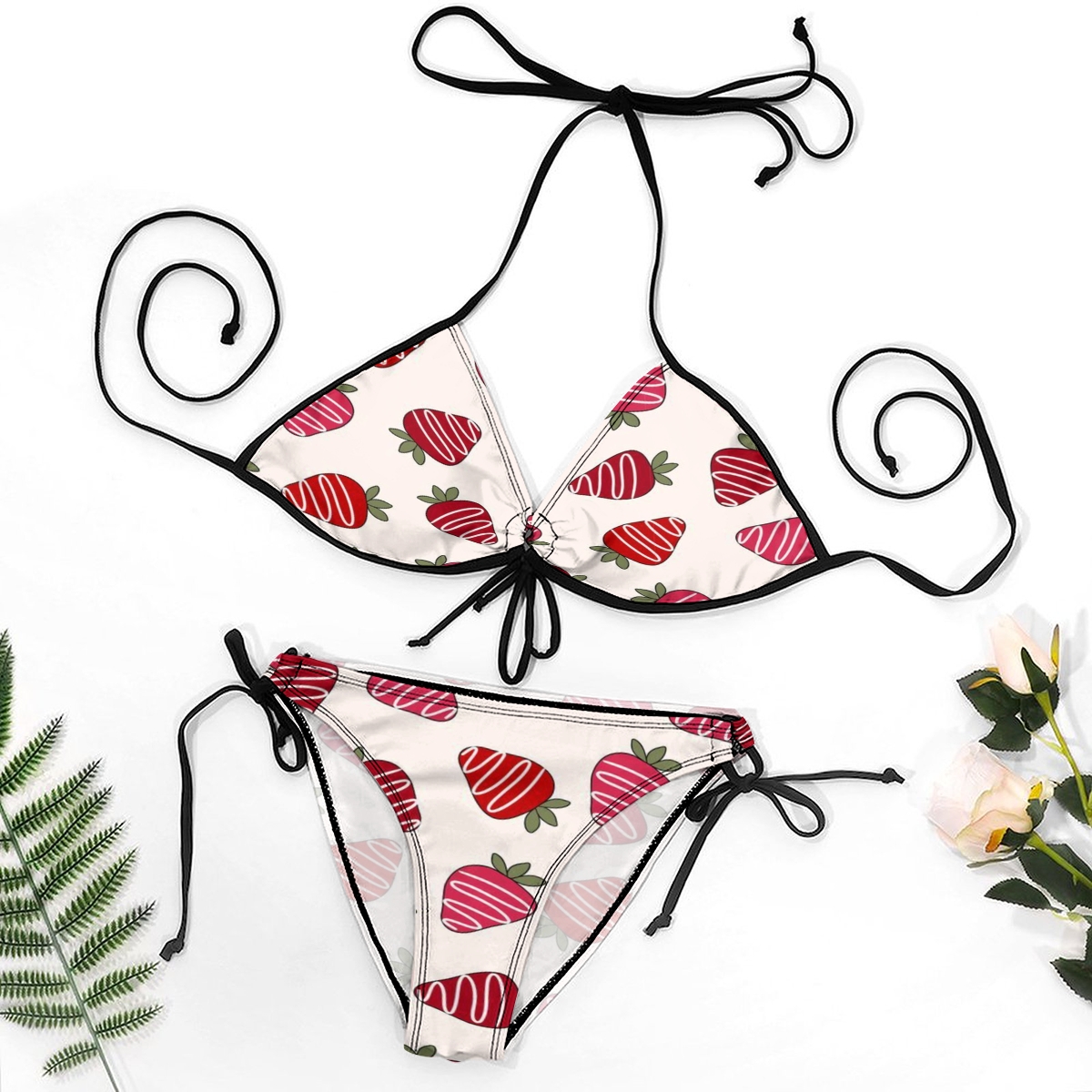 Sweet Summer Bikini for Women with Red Strawberry Motif and Black Tie Straps
