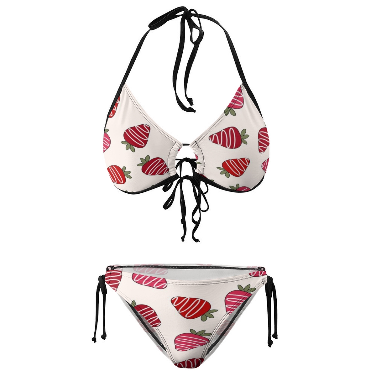Sweet Summer Bikini for Women with Red Strawberry Motif and Black Tie Straps