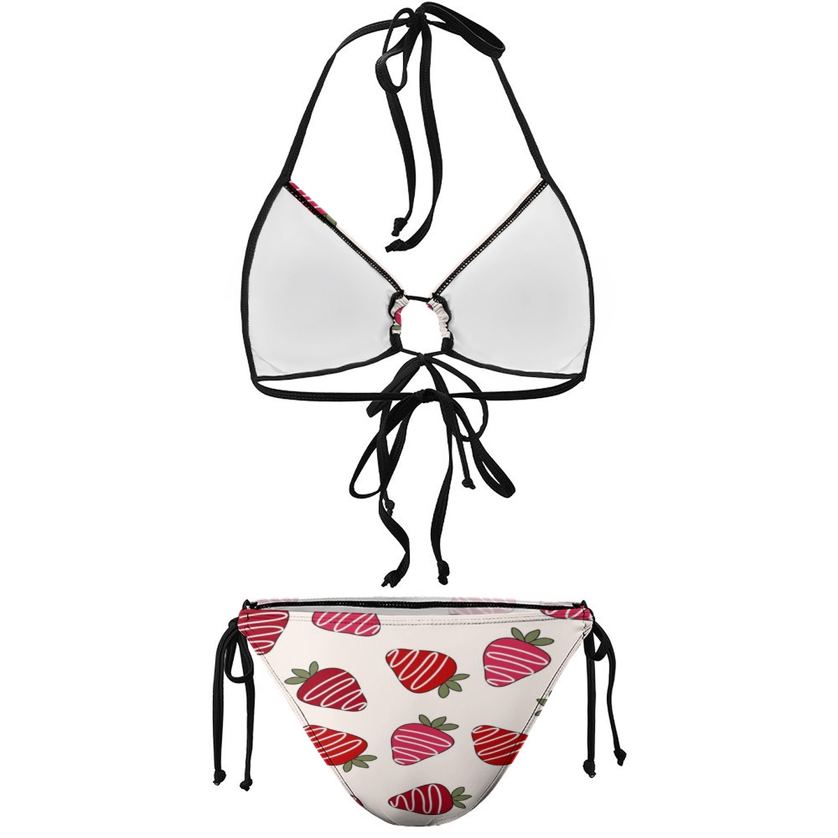 Sweet Summer Bikini for Women with Red Strawberry Motif and Black Tie Straps