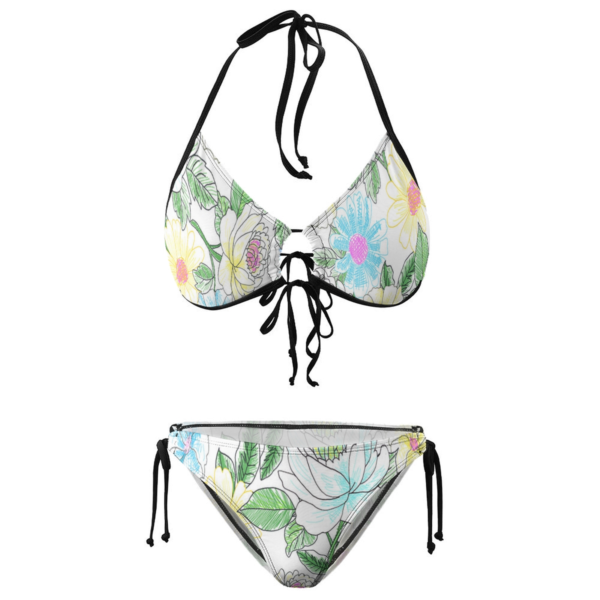 Women’s Floral Bikini Set with Halter Keyhole Top and Side Tie Bottoms