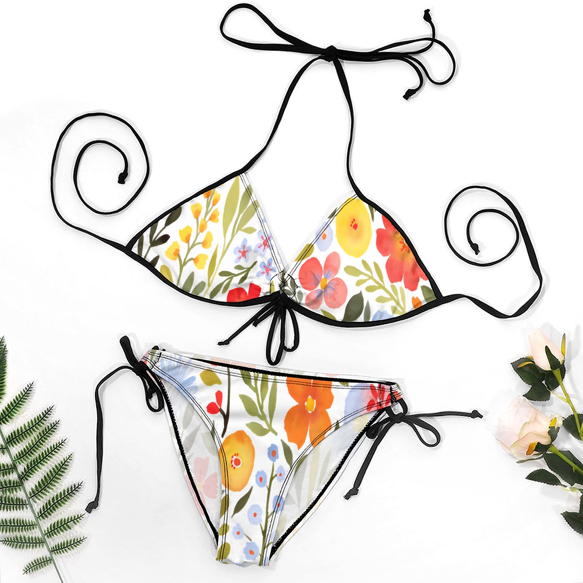 Women’s Floral Bikini Set with Halter Tie Top and Side Tie Bottoms