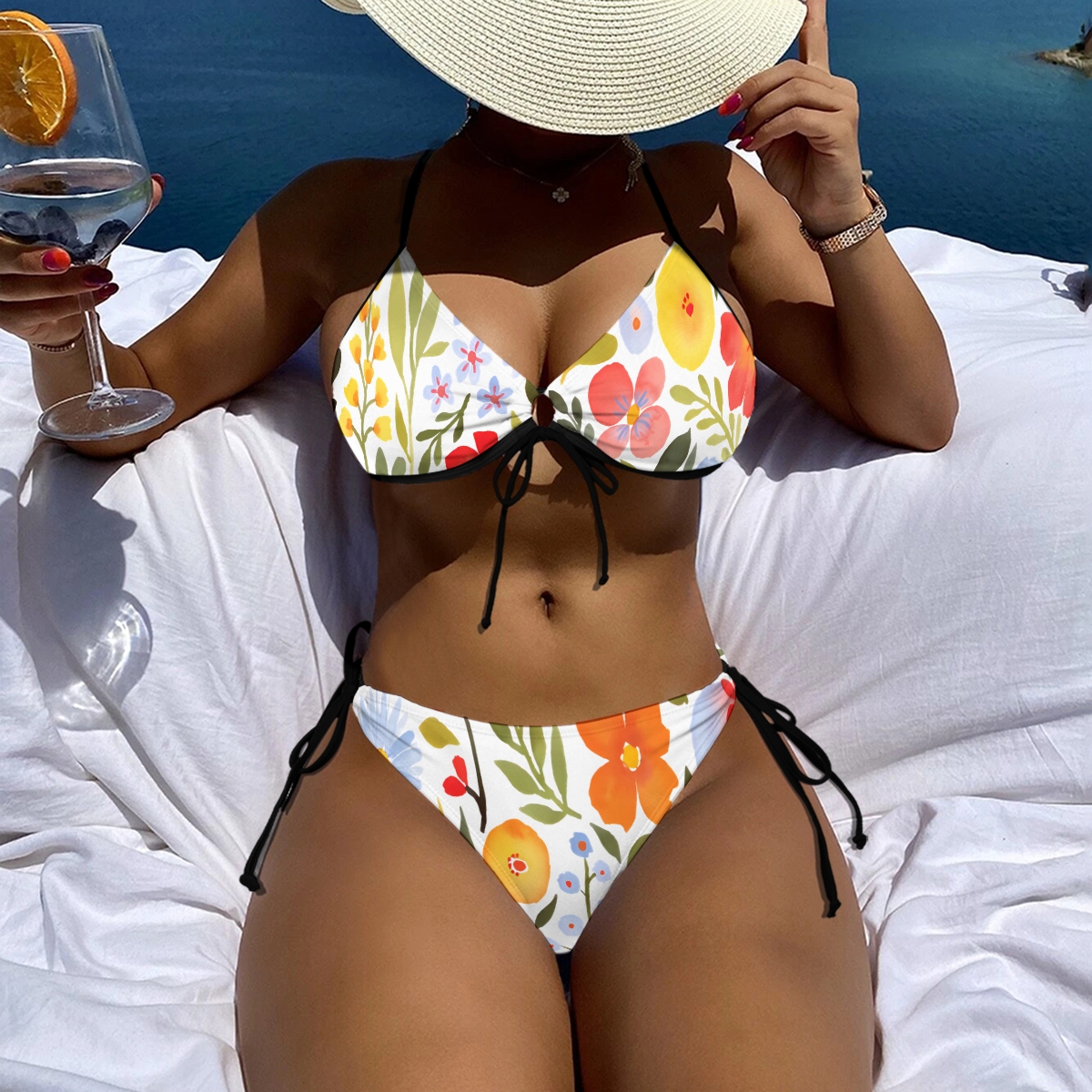 Women’s Floral Bikini Set with Halter Tie Top and Side Tie Bottoms