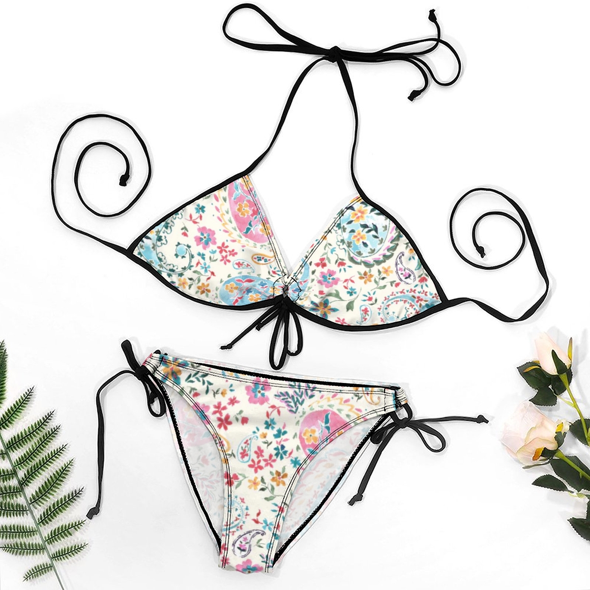Boho Style Bikini for Women with Colorful Botanical & Paisley Print and Black Strings