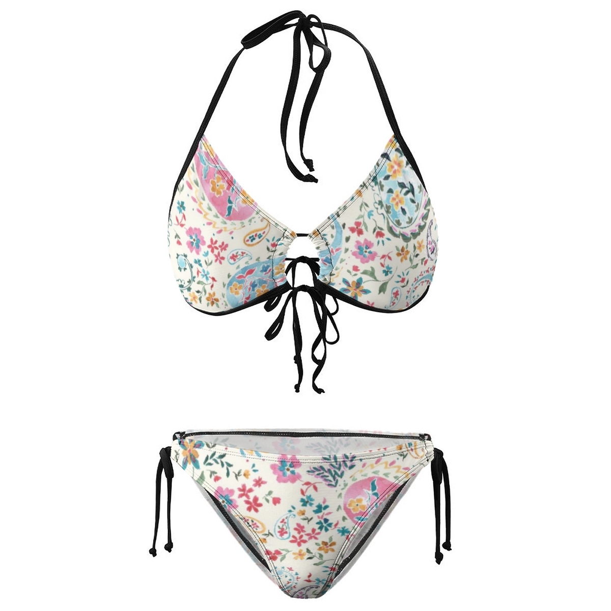 Boho Style Bikini for Women with Colorful Botanical & Paisley Print and Black Strings