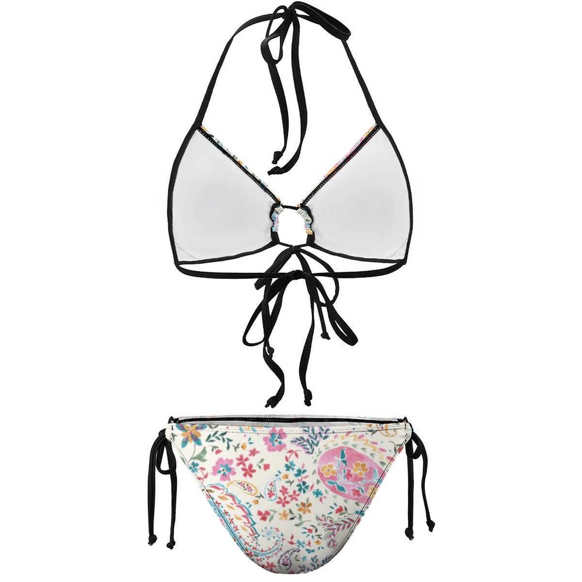 Boho Style Bikini for Women with Colorful Botanical & Paisley Print and Black Strings