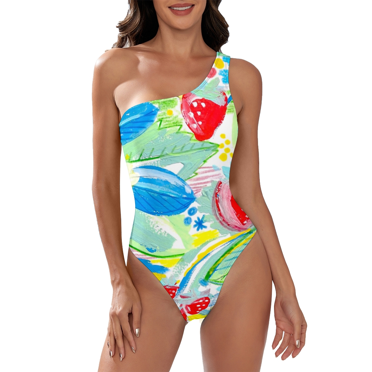 Women’s One-Shoulder Swimsuit with Abstract Tropical Print and Colorful Brush Strokes