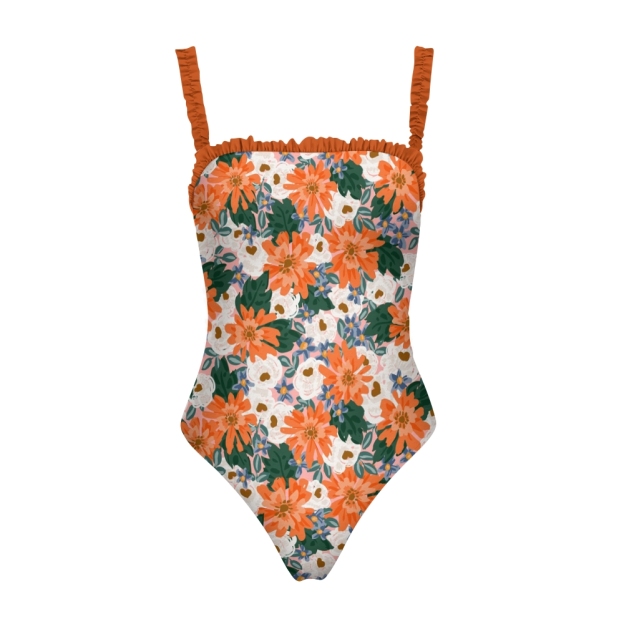 Women’s Floral One Piece Swimsuit with Ruffle Trim and Orange Blooms