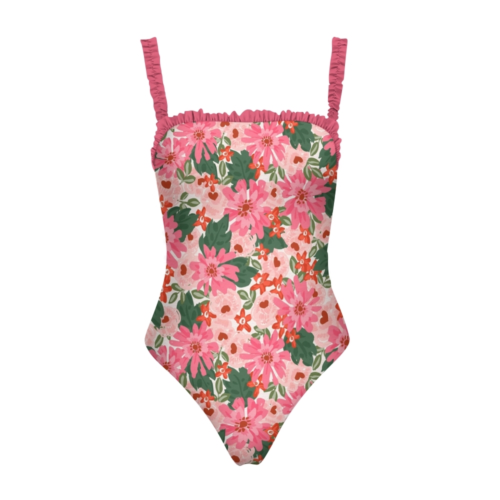 Women’s Floral One Piece Swimsuit with Pink Ruffle Trim and Soft Bloom Print