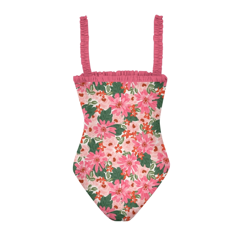 Women’s Floral One Piece Swimsuit with Pink Ruffle Trim and Soft Bloom Print