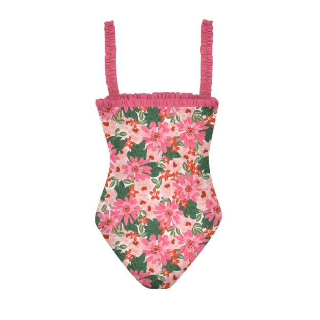 Women’s Floral One Piece Swimsuit with Pink Ruffle Trim and Soft Bloom Print