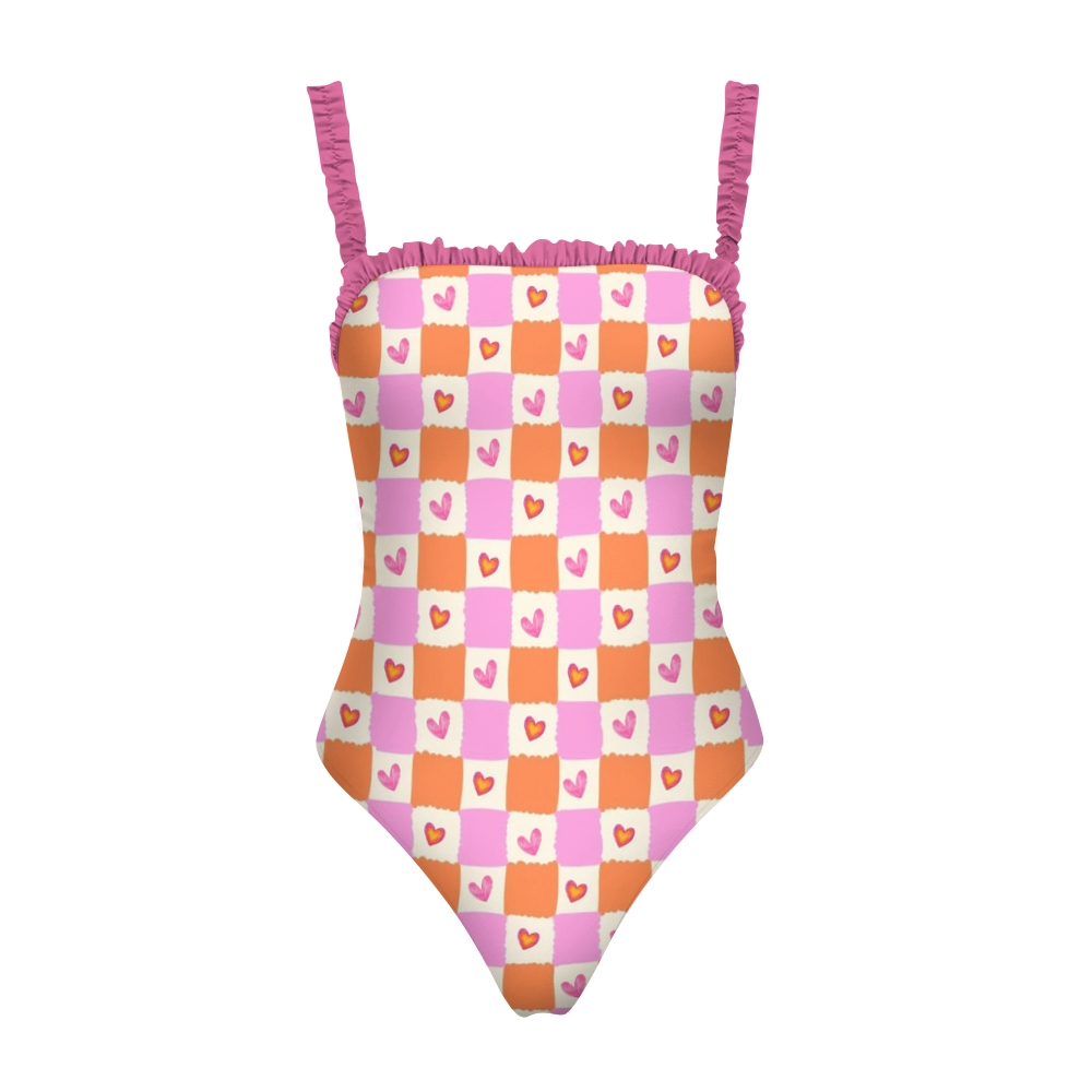 Sweetheart Style Swimsuit for Women with Pink Ruffles and Romantic Grid Pattern