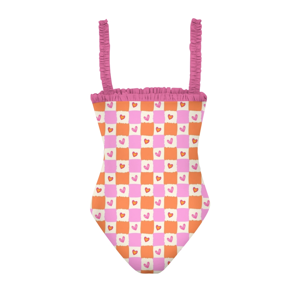 Sweetheart Style Swimsuit for Women with Pink Ruffles and Romantic Grid Pattern