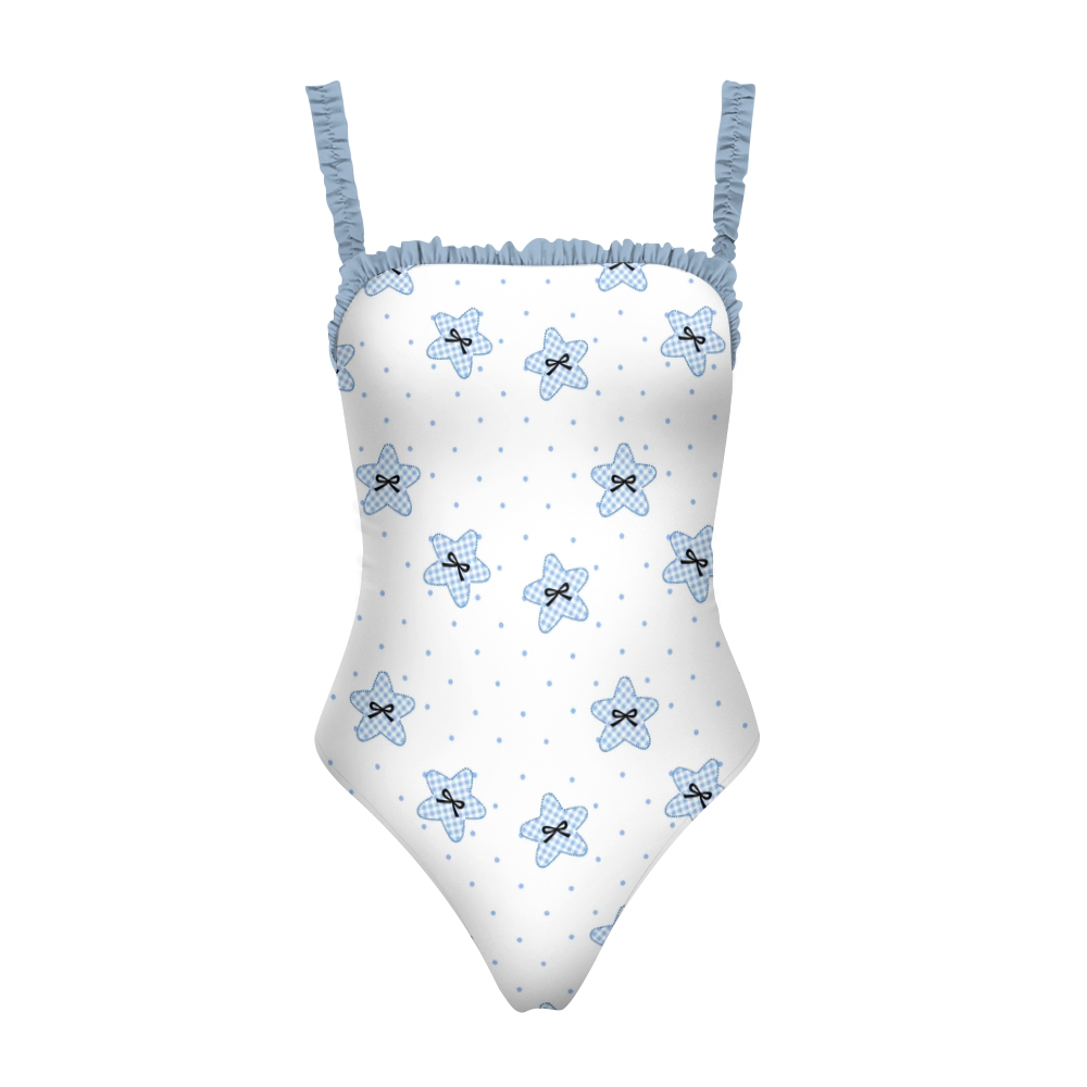 Women’s Polka Dot and Floral One Piece Swimsuit with Bow Detail and Ruffle Trim