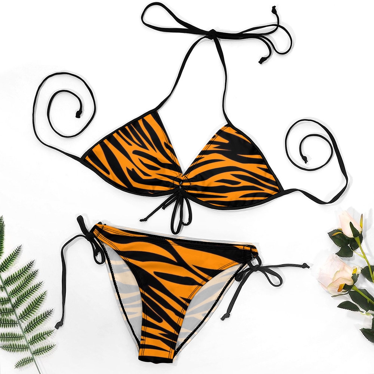 Women's Print Triangle Bikini Set with Halter Neck and Tie Front