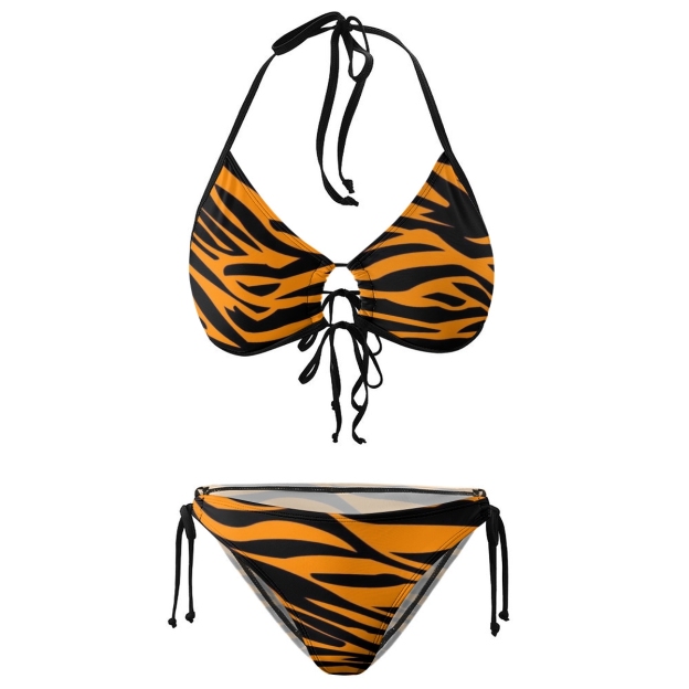 Women's Print Triangle Bikini Set with Halter Neck and Tie Front