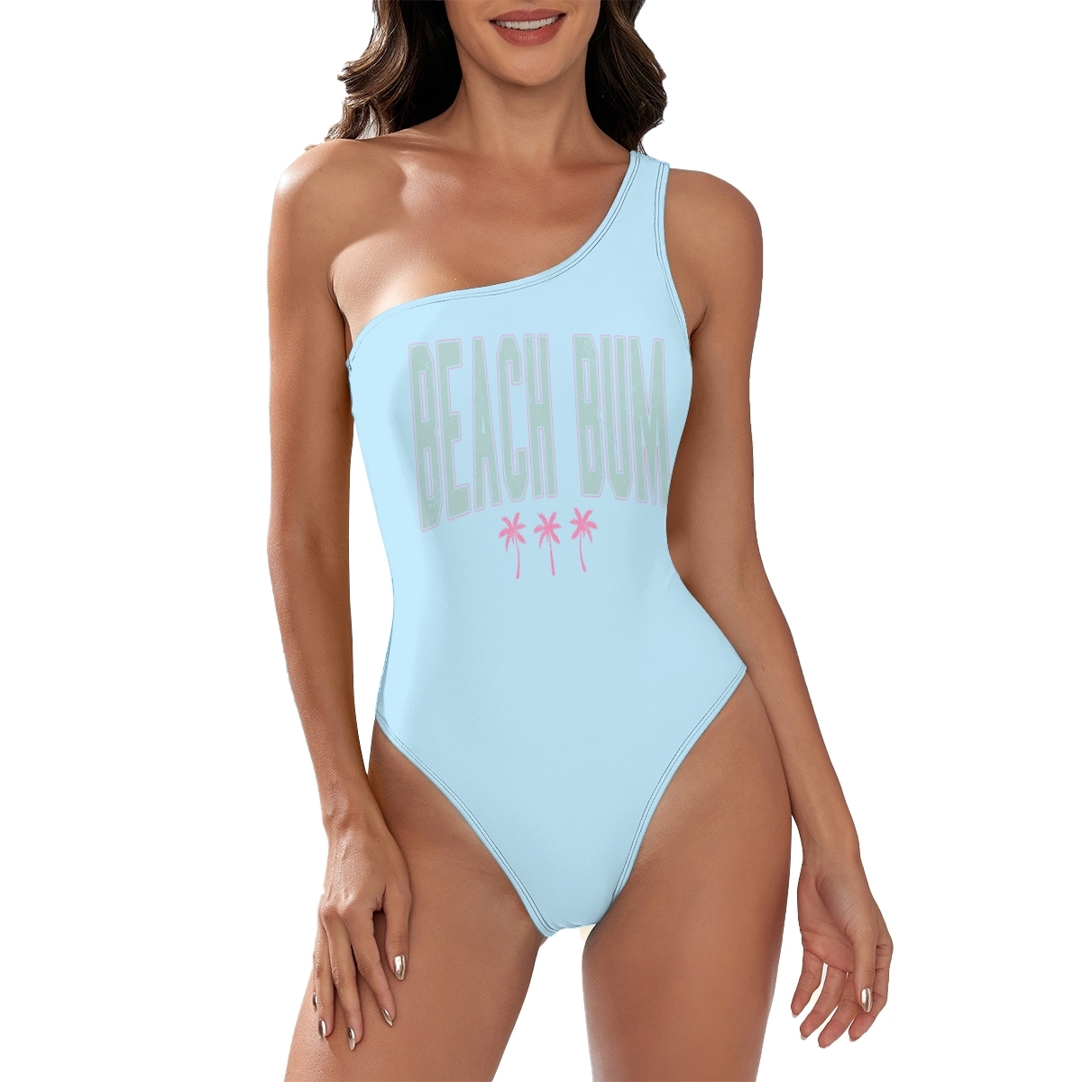 Women’s “BEACH BUM” One Shoulder Swimsuit with Palm Tree Print