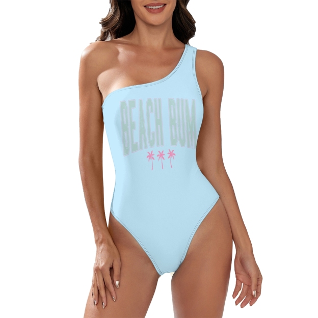 Women’s “BEACH BUM” One Shoulder Swimsuit with Palm Tree Print