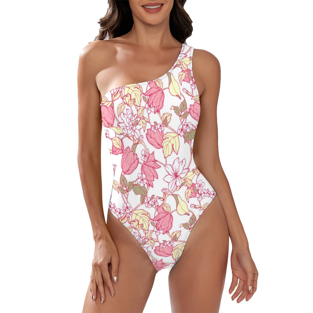 Soft Color Floral One Shoulder Swimsuit for Tropical Vacations