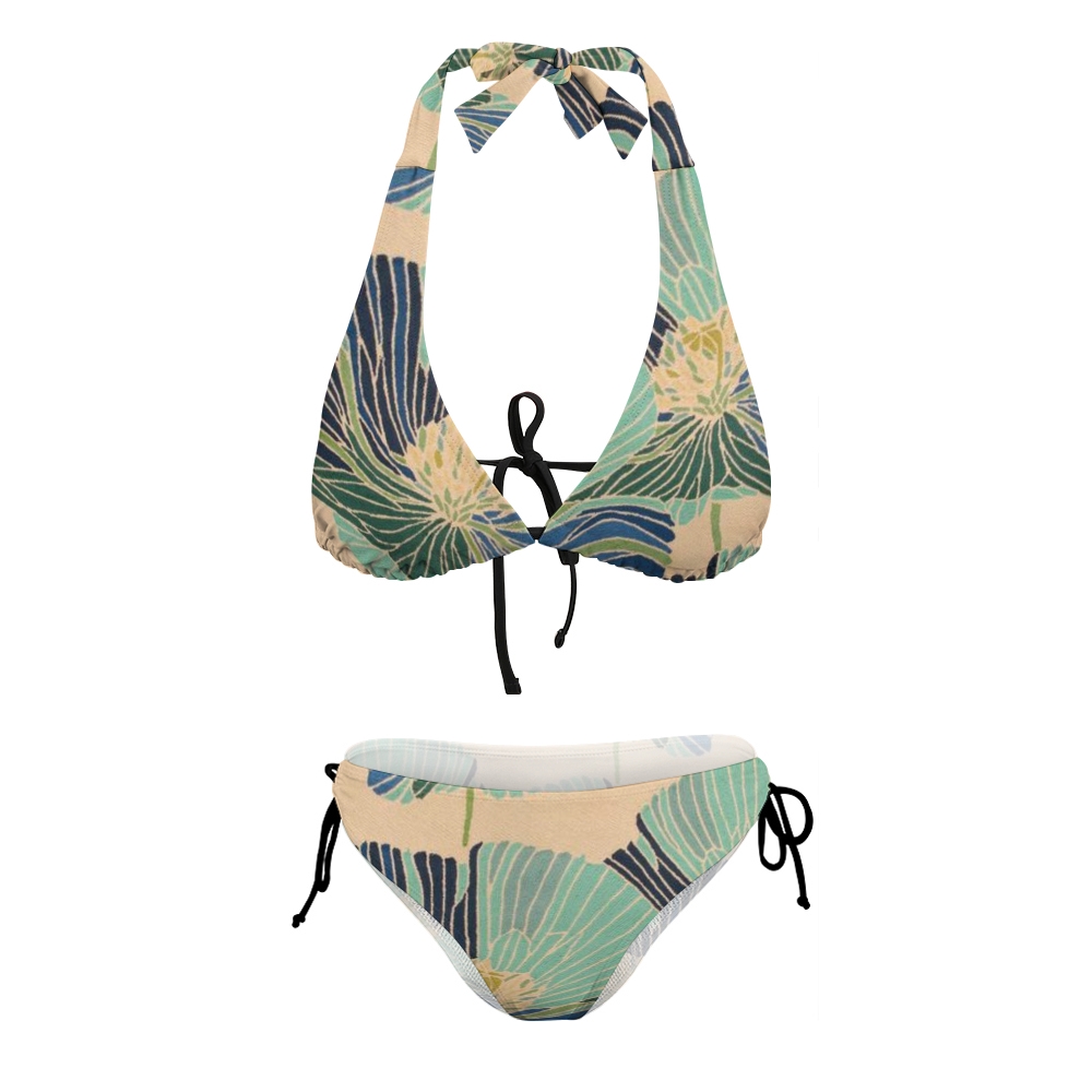 Women��s Summer Beach Bikini with Leaf Motif and Adjustable Side Ties