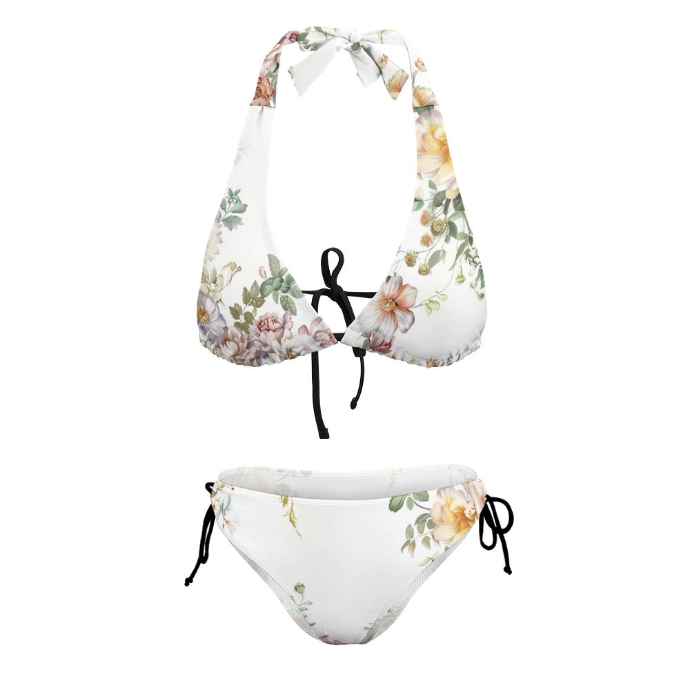 Women’s Beachwear Bikini with Green Leaves and Pink Blooms, Halter Neck Style