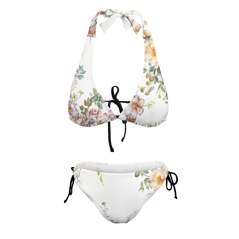 Women’s Beachwear Bikini with Green Leaves and Pink Blooms, Halter Neck Style