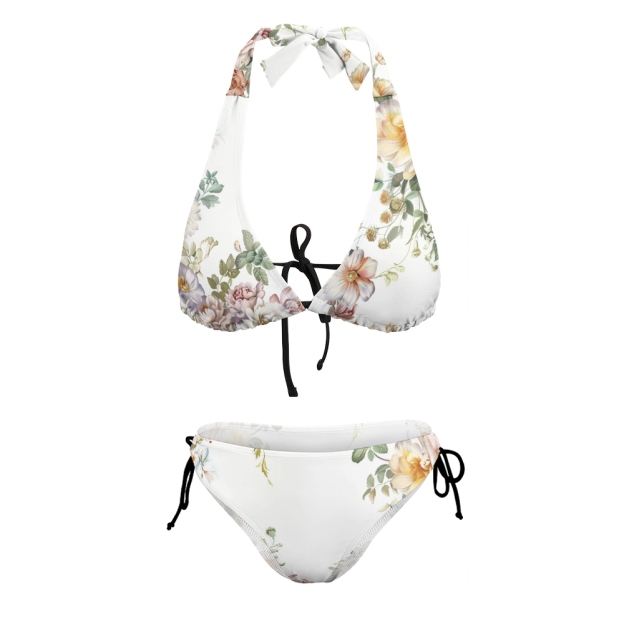 Women’s Beachwear Bikini with Green Leaves and Pink Blooms, Halter Neck Style