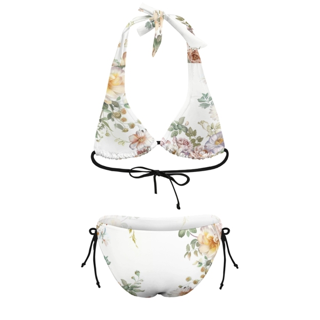 Women’s Beachwear Bikini with Green Leaves and Pink Blooms, Halter Neck Style