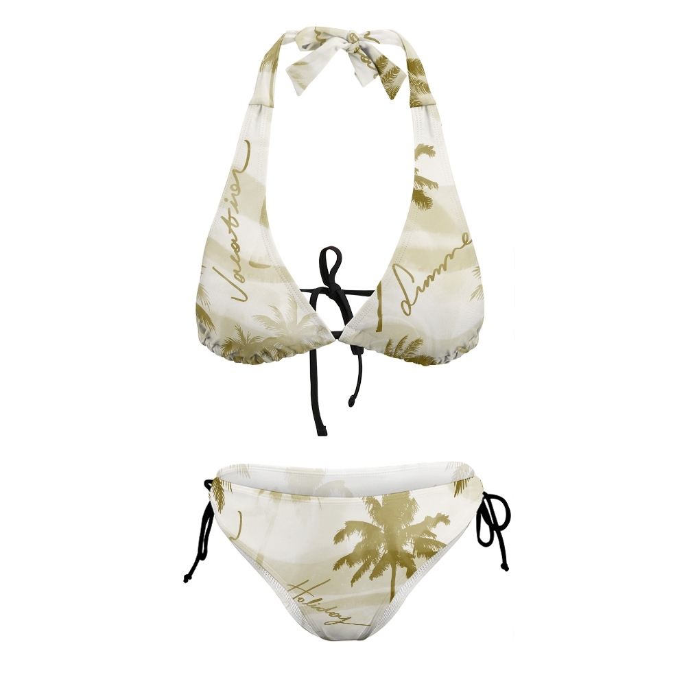Women’s Tropical Palm Tree Bikini Set with “Summertime” Print and Halter Neck