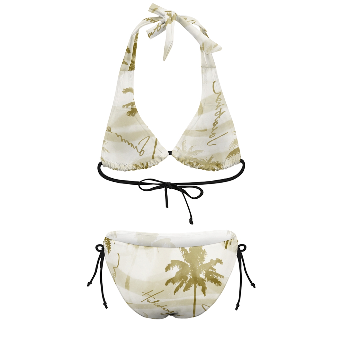 Women’s Tropical Palm Tree Bikini Set with “Summertime” Print and Halter Neck