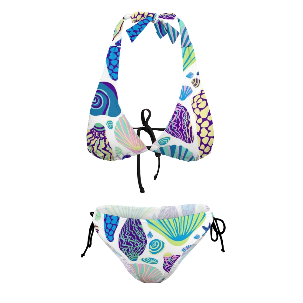 Women’s Seashell and Coral Print Halter Bikini Set with Side Tie Bottoms
