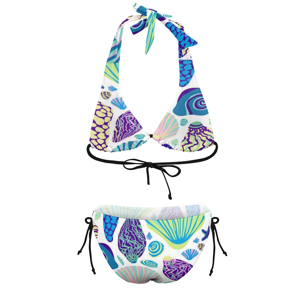 Women’s Seashell and Coral Print Halter Bikini Set with Side Tie Bottoms