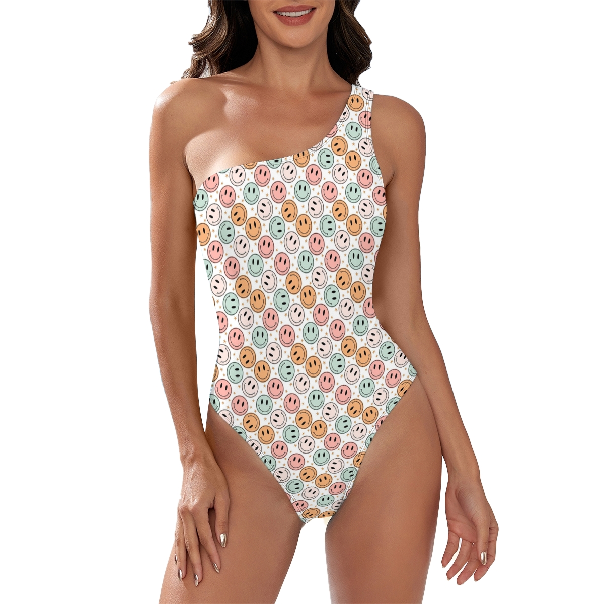 Playful Smiley Print One Piece Swimsuit for Women Beachwear