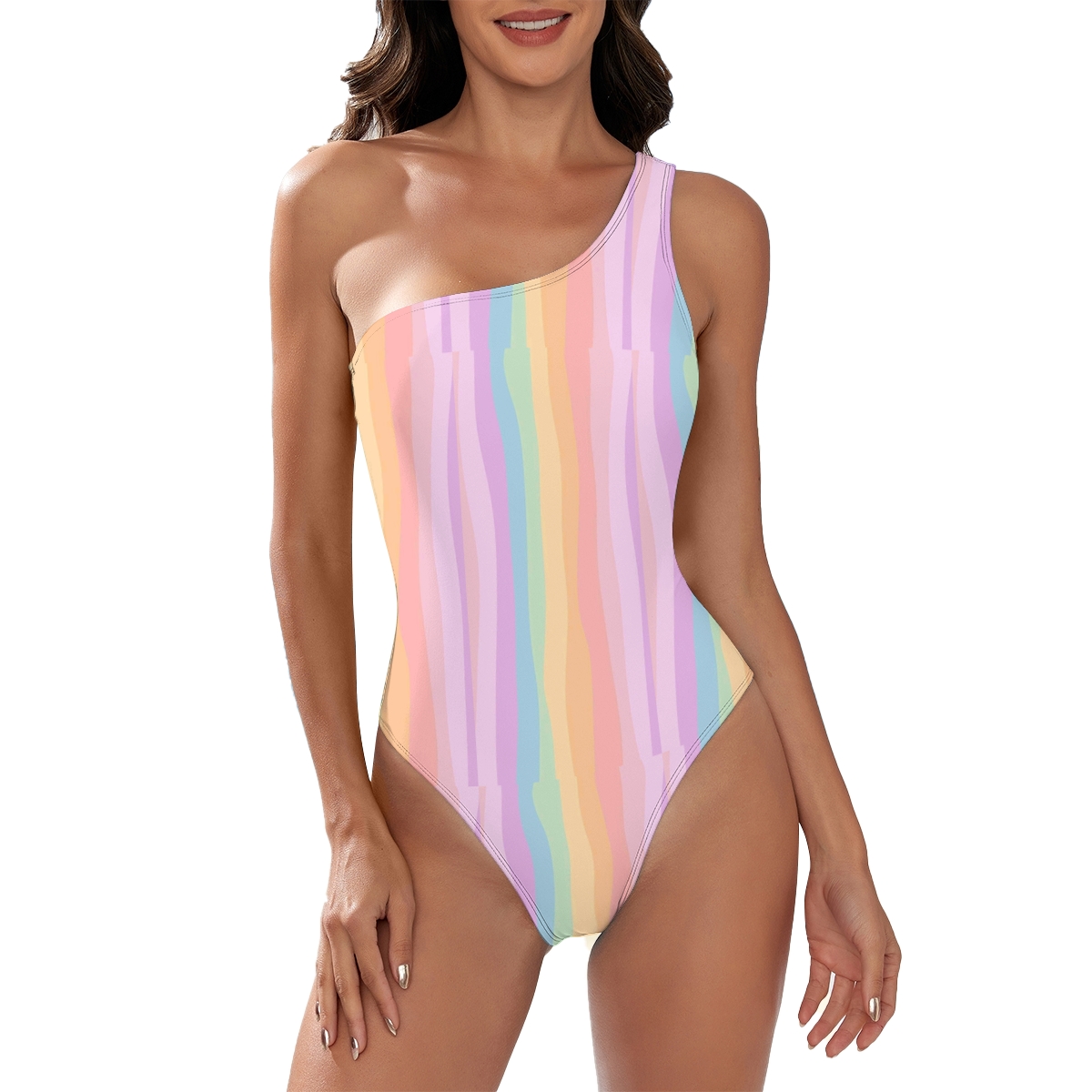 Women’s Pastel Stripe One Shoulder Swimsuit with High Cut Design