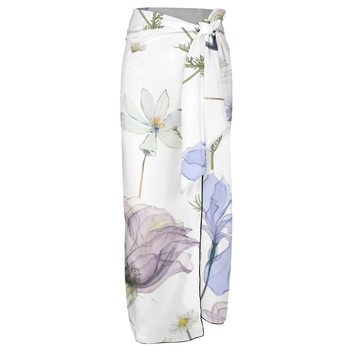 Women’s Long Wrap Skirt with Watercolor Floral Print and Waist Tie