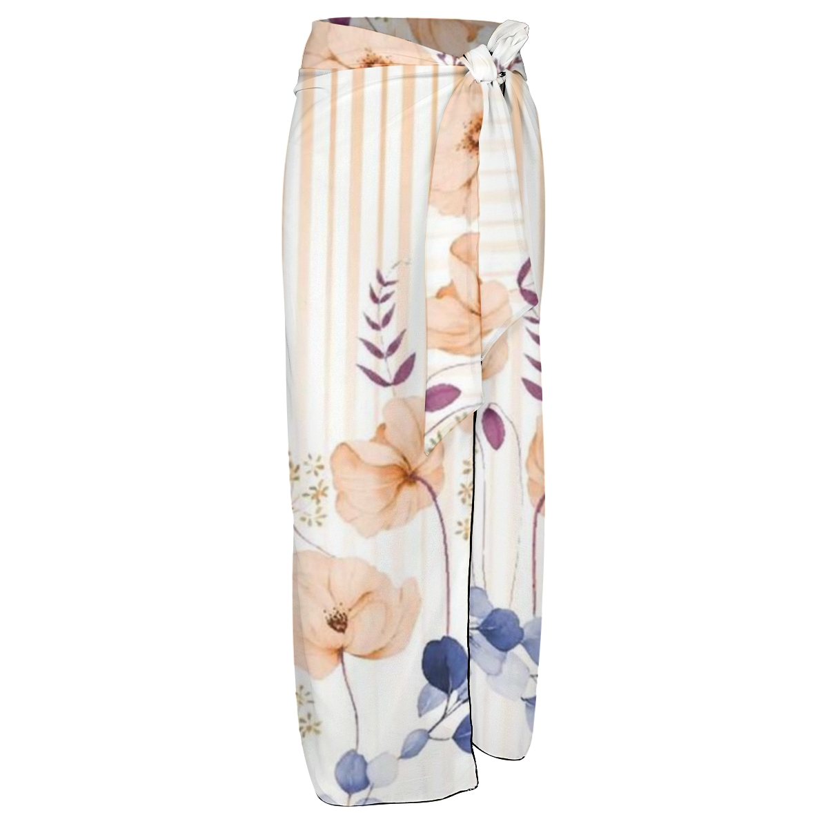 Women’s Wrap Skirt with Beige Stripes and Pastel Floral Print