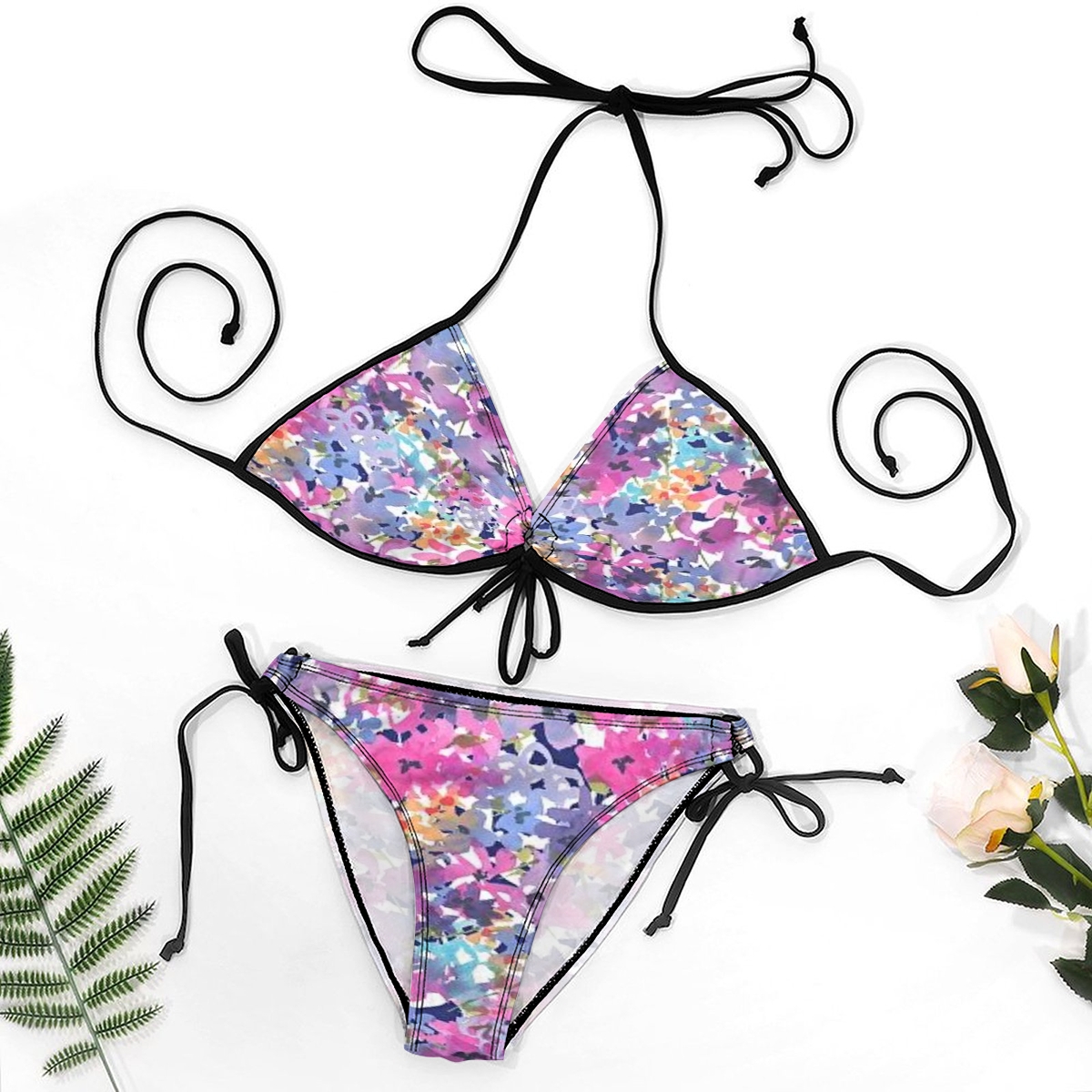 Purple & Pink Camo Print Bikini with Artistic Vibes and Black Straps