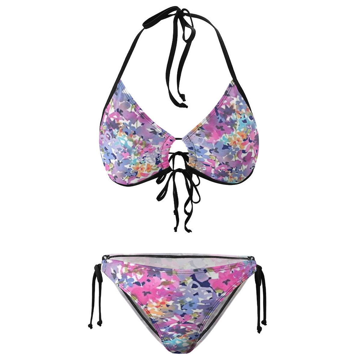 Purple & Pink Camo Print Bikini with Artistic Vibes and Black Straps