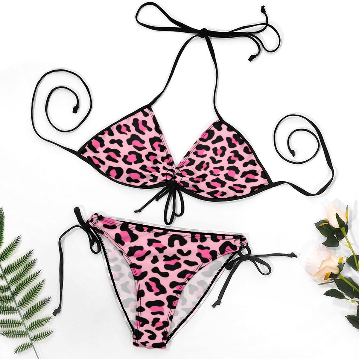 Women Wild & Sweet Bikini with Pink Cheetah Pattern and Black Straps