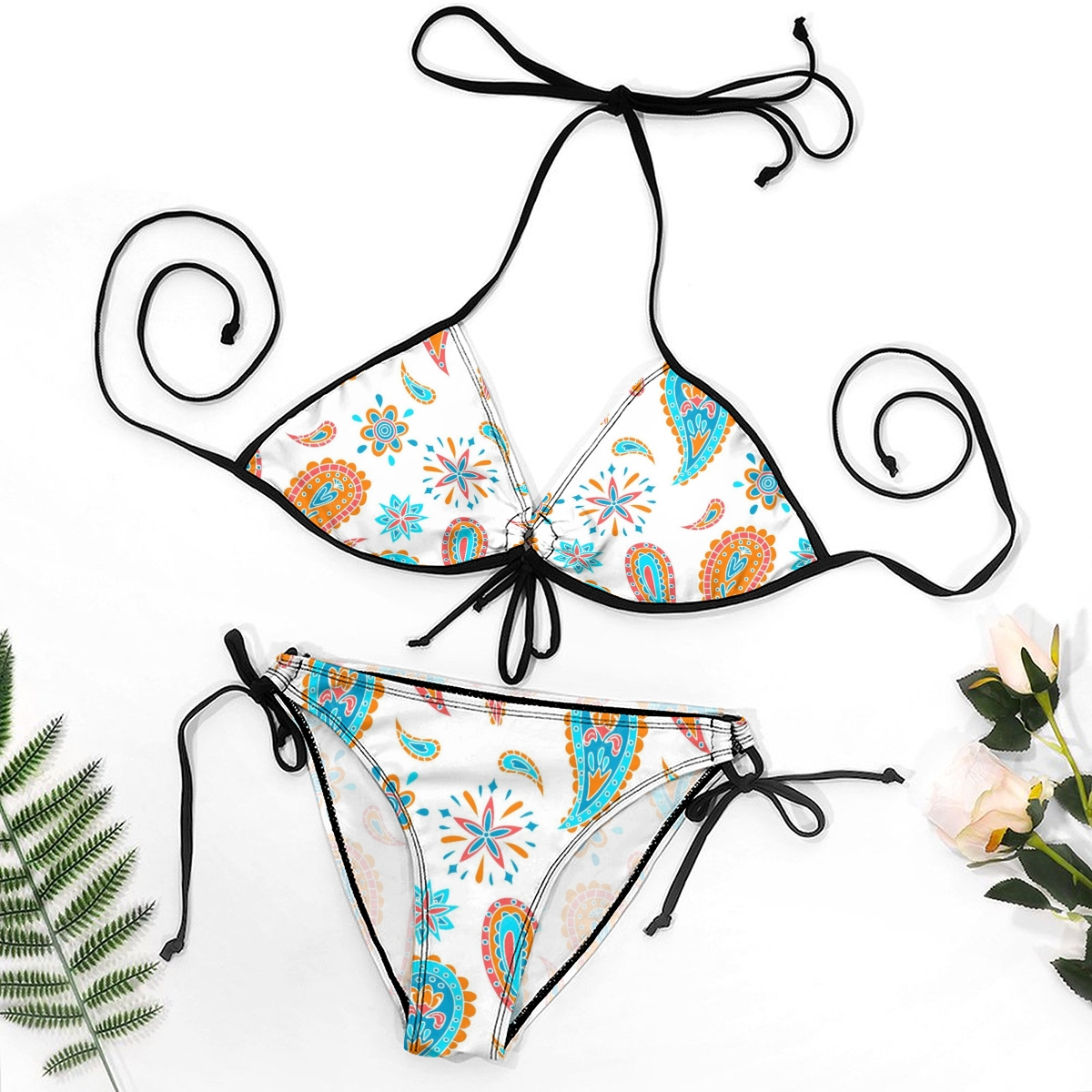 Paisley & Floral Print Halter Bikini Set with Keyhole Tie Front
