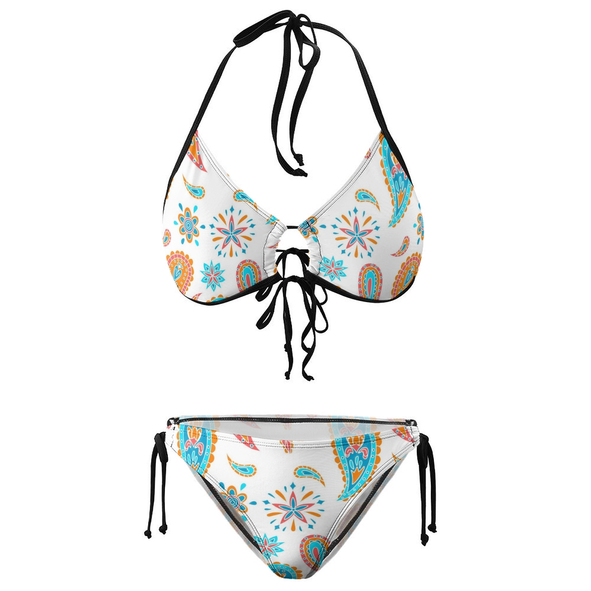 Paisley & Floral Print Halter Bikini Set with Keyhole Tie Front